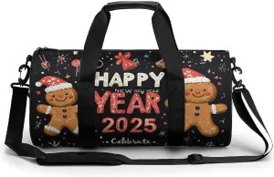HAPPY NEW YEAR Travel Gym Bag for Women Men Cartoon Cylindrical Duffle Bag Sport Workout Bag with Shoulder Strap