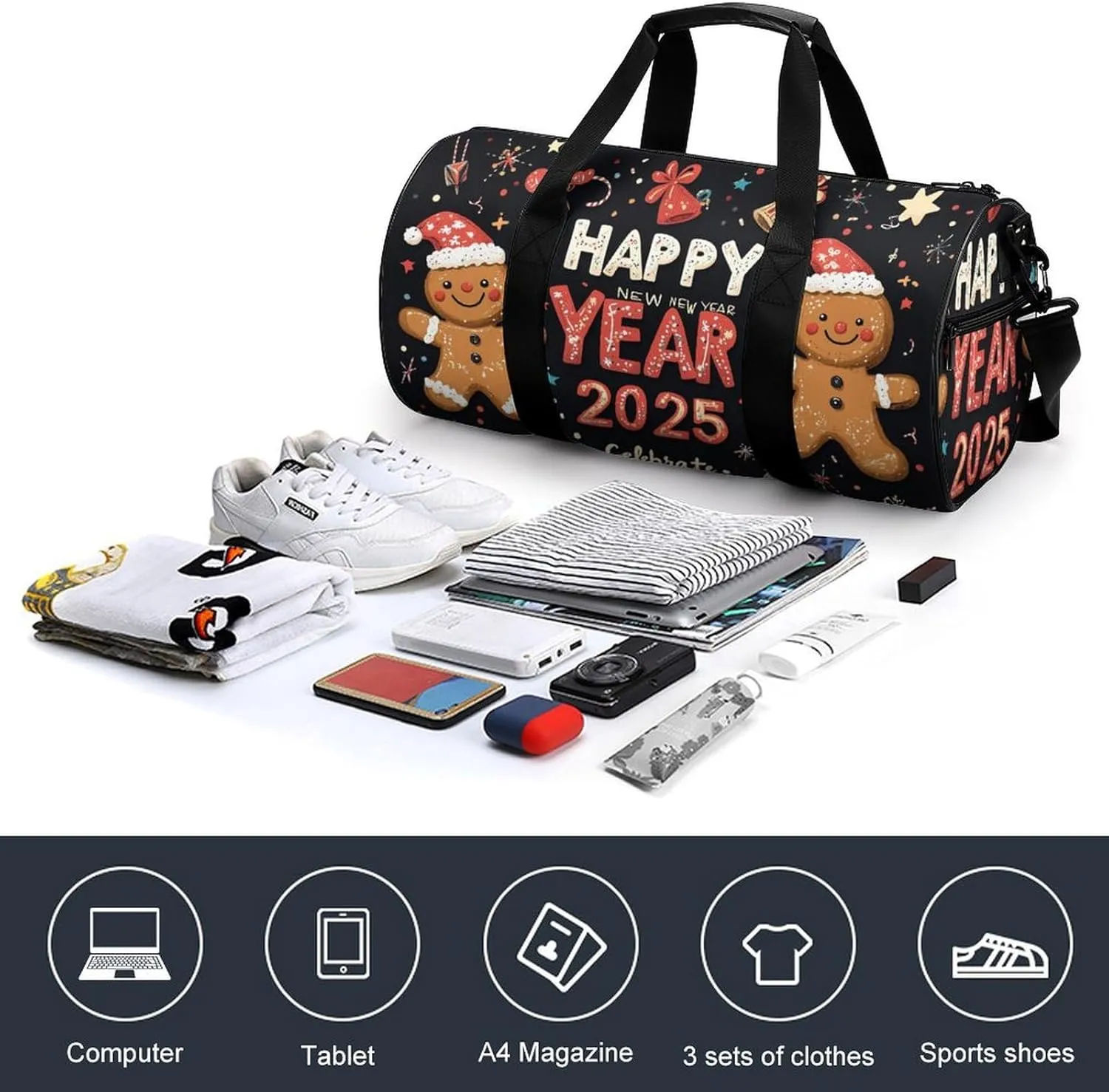 HAPPY NEW YEAR Travel Gym Bag for Women Men Cartoon Cylindrical Duffle Bag Sport Workout Bag with Shoulder Strap