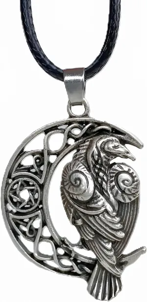 HAQUIL Raven Necklace - Celtic Raven on Crescent Moon Pentagram Pendant, Faux Leather Cord
