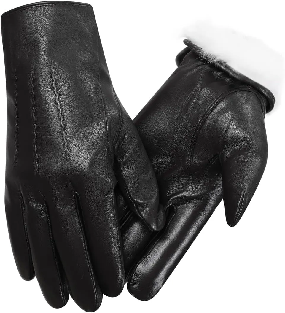 Harssidanzar Leather Gloves for Men,Winter Rabbit Fur Lined Soft Genuine Leather Gloves KM047US
