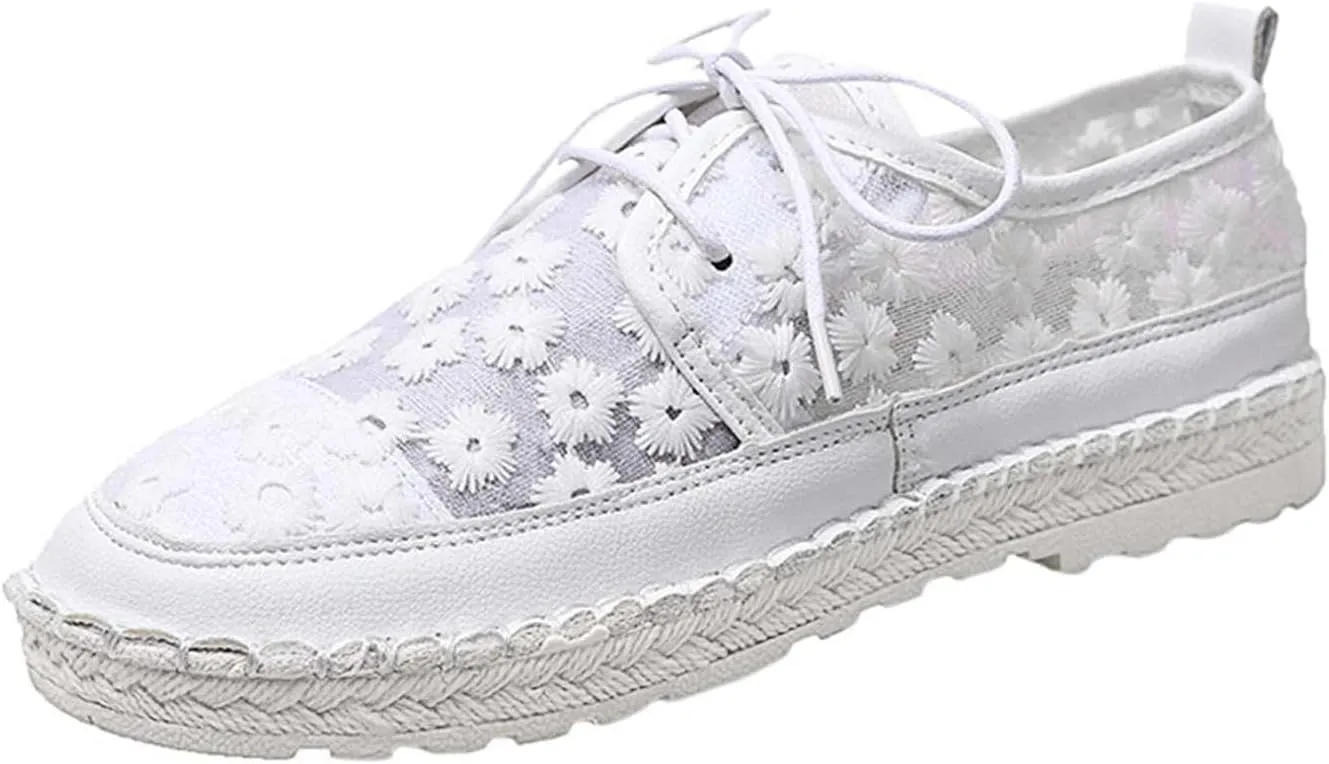 Hbeylia Platform Espadrilles Fashion Sneakers For Women Girls Flower Embroidered Lace Breathable Lace Up Low Top Play Sneakers Canvas Shoes Casual Leather Slip On Walking Shoes Loafers