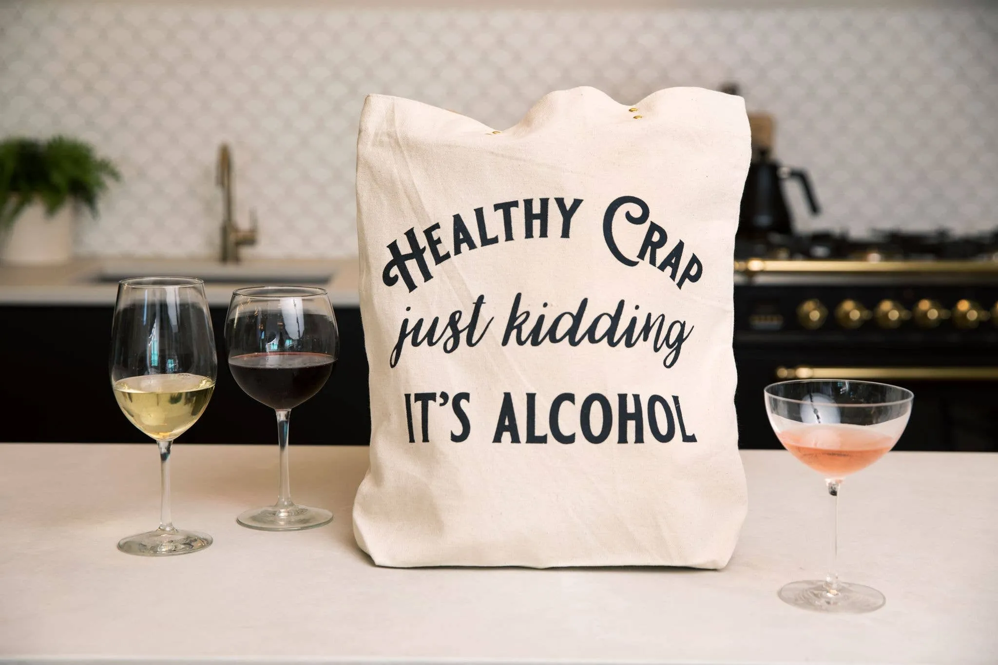 Healthy Crap Tote Bag (wine grocery, alcohol canvas, leather