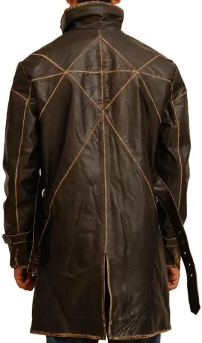 Hide & Seek Men’s Urban Aesthetic Leather Trench Coat – Distressed Hacker Game Cosplay Jacket with Classic Style Flair