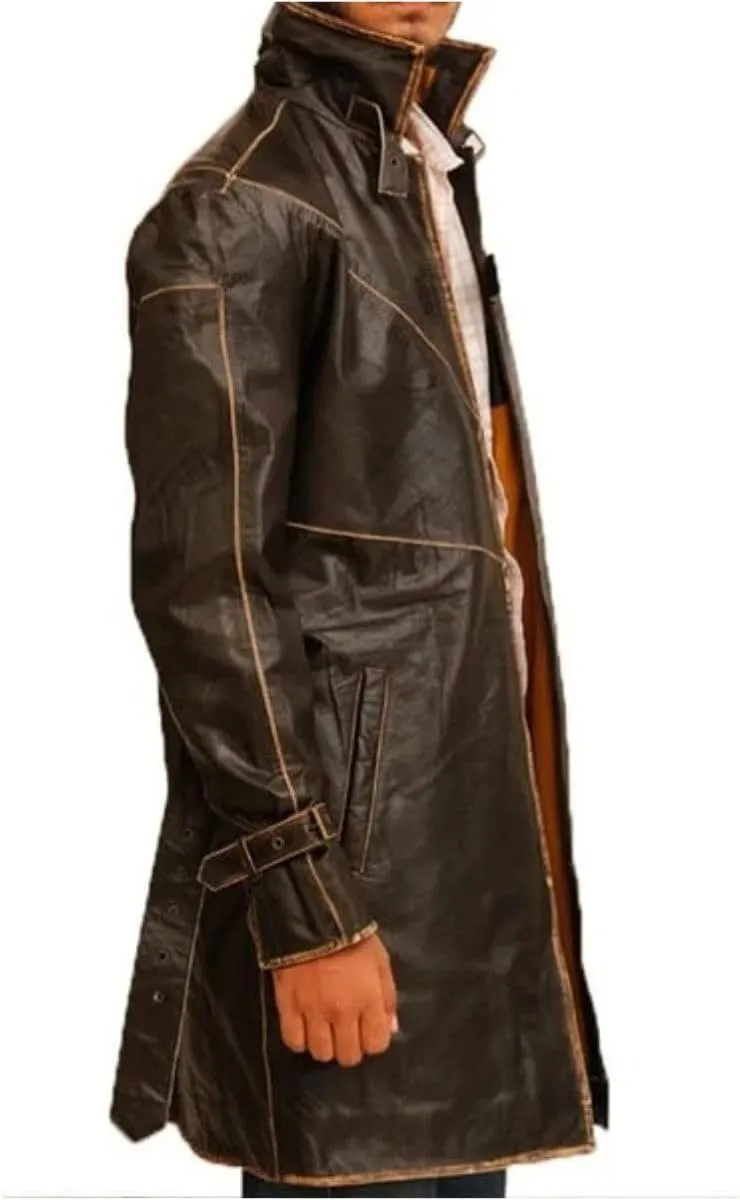 Hide & Seek Men’s Urban Aesthetic Leather Trench Coat – Distressed Hacker Game Cosplay Jacket with Classic Style Flair