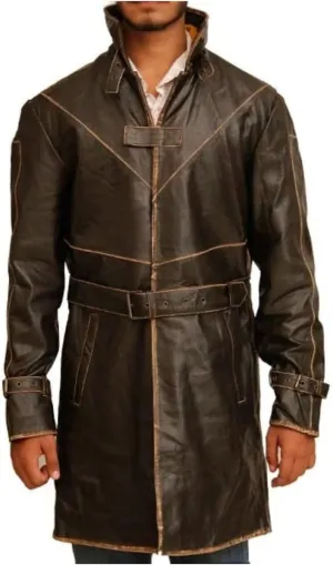 Hide & Seek Men’s Urban Aesthetic Leather Trench Coat – Distressed Hacker Game Cosplay Jacket with Classic Style Flair