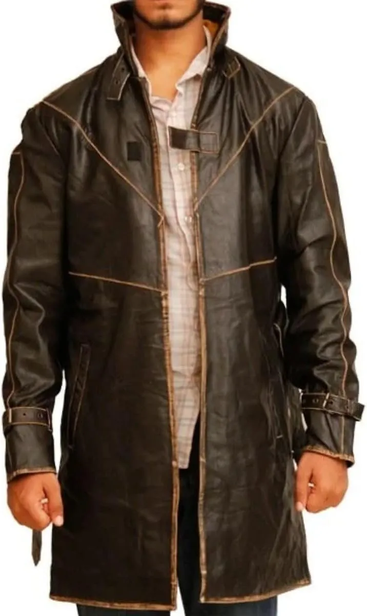 Hide & Seek Men’s Urban Aesthetic Leather Trench Coat – Distressed Hacker Game Cosplay Jacket with Classic Style Flair