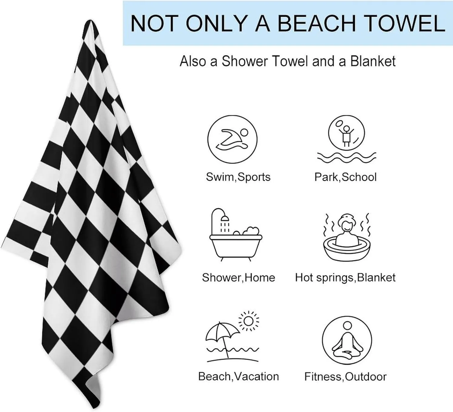 Highly Absorbent Bath Towel Large Swimming Towel Fashion Bath Towel Compatible with Race Waving Checkered Black and White Towel
