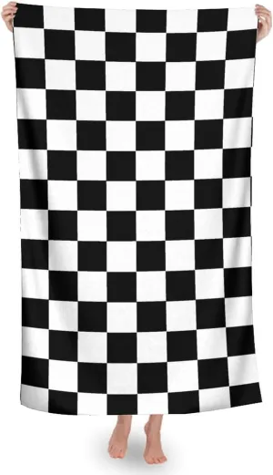 Highly Absorbent Bath Towel Large Swimming Towel Fashion Bath Towel Compatible with Race Waving Checkered Black and White Towel