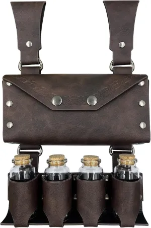 HiiFeuer Medieval Alchemy Faux Leather Belt Bag with 4 Cork Potion Vials, Fantasy Wizard Waist Pouch Side Pack for Ren Faire (Brown A)