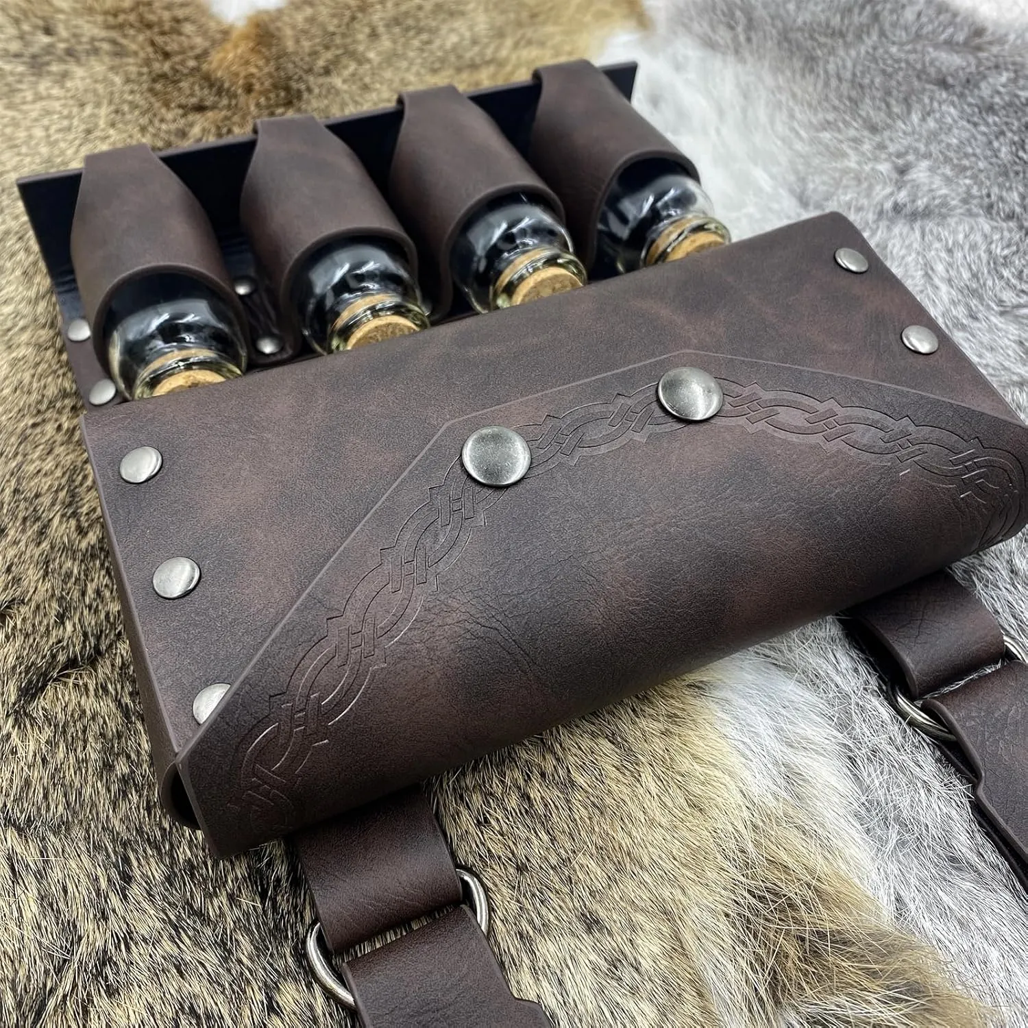 HiiFeuer Medieval Alchemy Faux Leather Belt Bag with 4 Cork Potion Vials, Fantasy Wizard Waist Pouch Side Pack for Ren Faire (Brown A)