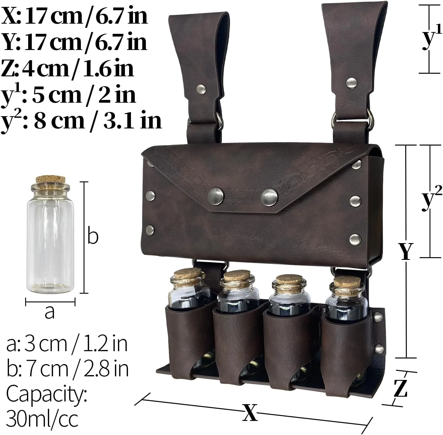 HiiFeuer Medieval Alchemy Faux Leather Belt Bag with 4 Cork Potion Vials, Fantasy Wizard Waist Pouch Side Pack for Ren Faire (Brown A)