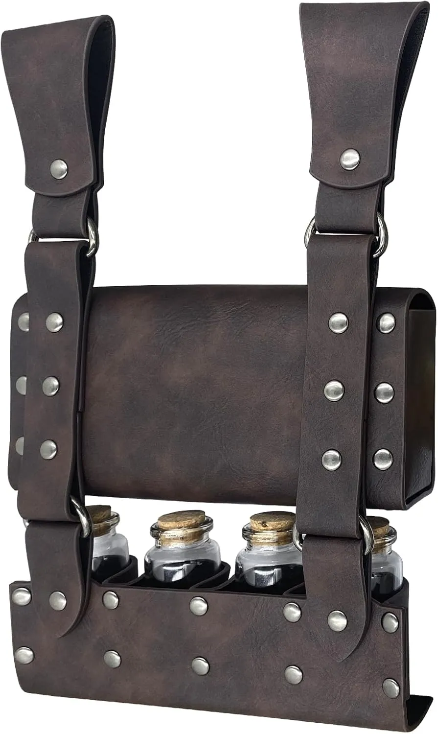 HiiFeuer Medieval Alchemy Faux Leather Belt Bag with 4 Cork Potion Vials, Fantasy Wizard Waist Pouch Side Pack for Ren Faire (Brown A)