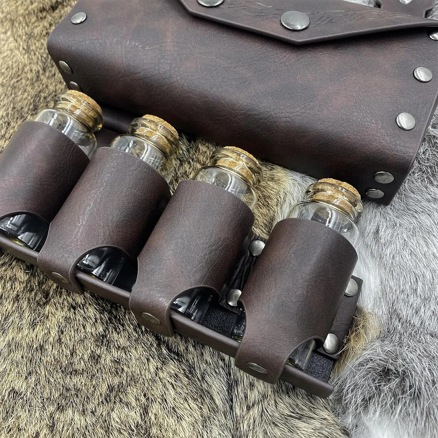 HiiFeuer Medieval Alchemy Faux Leather Belt Bag with 4 Cork Potion Vials, Fantasy Wizard Waist Pouch Side Pack for Ren Faire (Brown A)