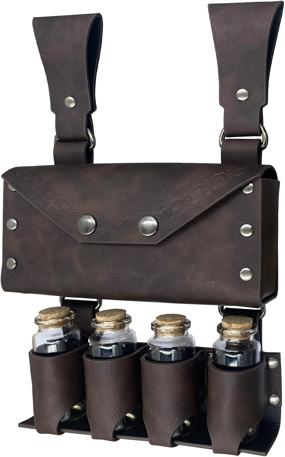 HiiFeuer Medieval Alchemy Faux Leather Belt Bag with 4 Cork Potion Vials, Fantasy Wizard Waist Pouch Side Pack for Ren Faire (Brown A)