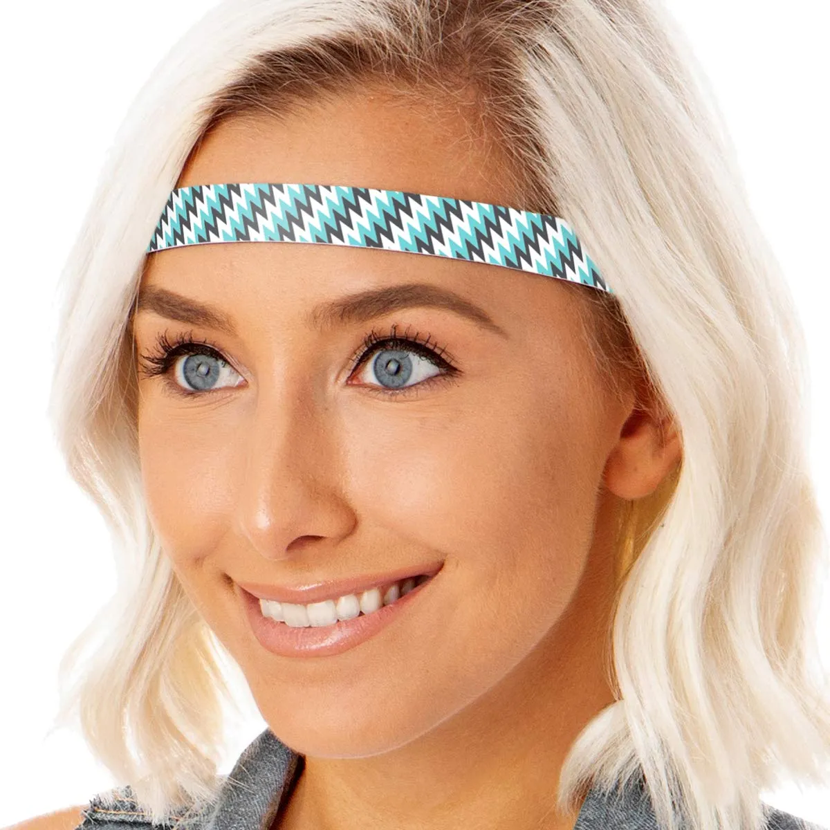 Hipsy Adjustable Non Slip Skinny Fashion Printed Sports Headbands 3-pack (Zigzag Blue/Black/Seafoam)