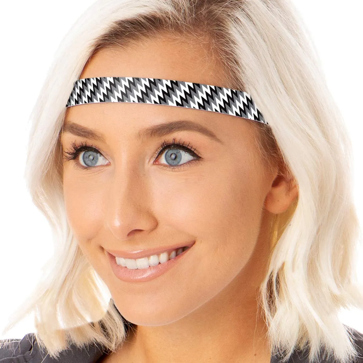 Hipsy Adjustable Non Slip Skinny Fashion Printed Sports Headbands 3-pack (Zigzag Blue/Black/Seafoam)