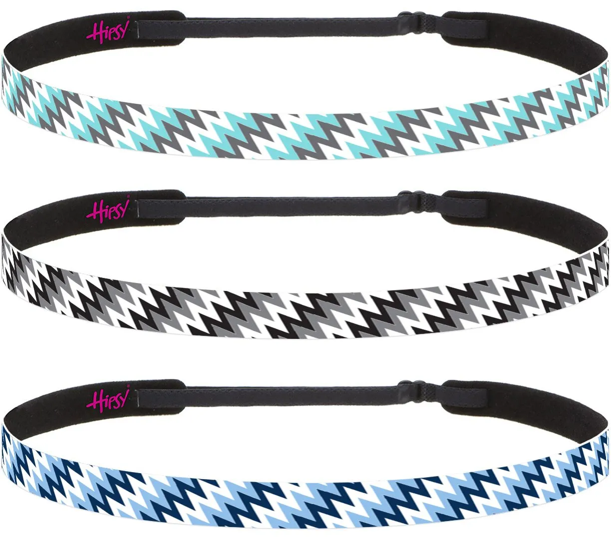 Hipsy Adjustable Non Slip Skinny Fashion Printed Sports Headbands 3-pack (Zigzag Blue/Black/Seafoam)