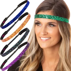 Hipsy PLUS Size, Adjustable No Slip Sparkly Bling Glitter Skinny 5pk Headbands for Women Girls & Teens (Skinny Fuchsia/Green/Peacock/Orange/Royal Blue)