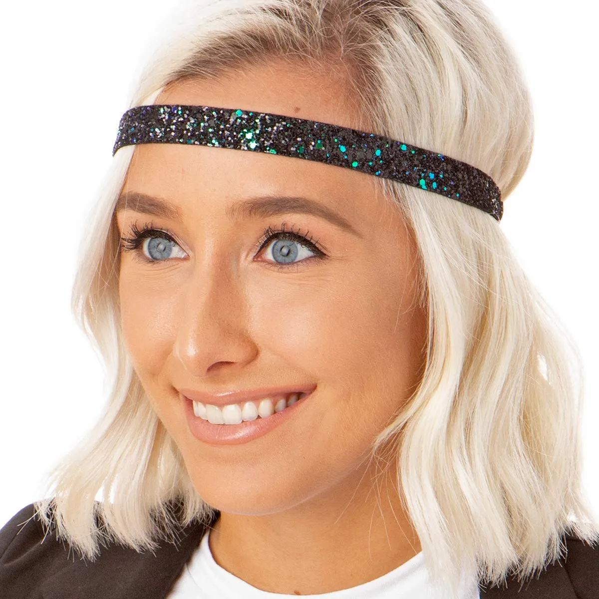 Hipsy REGULAR Size, Adjustable No Slip Sparkly Bling Glitter Skinny 5pk Headbands for Women Girls & Teens (Skinny Fuchsia/Green/Peacock/Orange/Royal Blue)