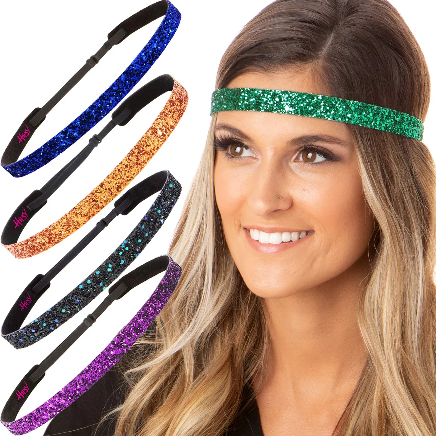 Hipsy REGULAR Size, Adjustable No Slip Sparkly Bling Glitter Skinny 5pk Headbands for Women Girls & Teens (Skinny Fuchsia/Green/Peacock/Orange/Royal Blue)
