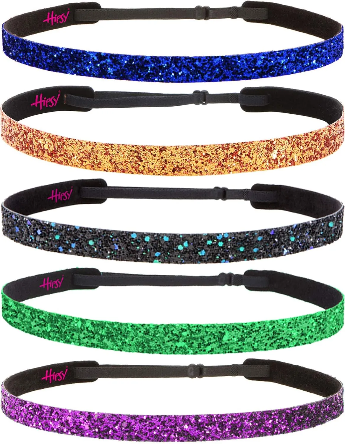 Hipsy REGULAR Size, Adjustable No Slip Sparkly Bling Glitter Skinny 5pk Headbands for Women Girls & Teens (Skinny Fuchsia/Green/Peacock/Orange/Royal Blue)