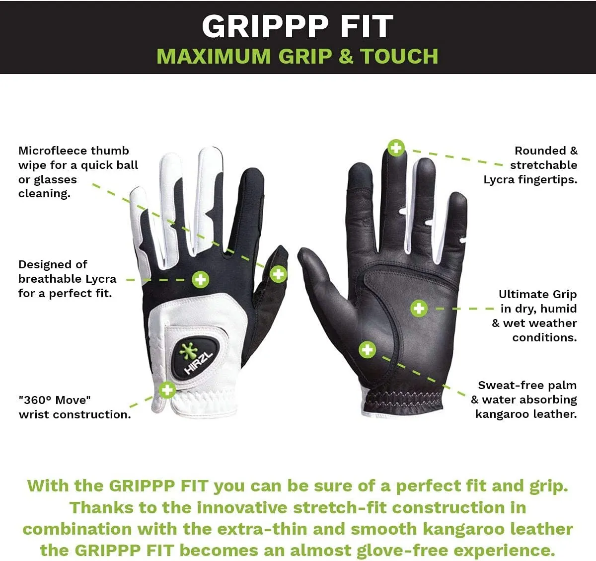 HIRZL GRIPPP FIT – Men's All-Weather Golf Glove (White/Black) | Kangaroo Leather & Lycra | Ultimate Grip (Pack of 3)