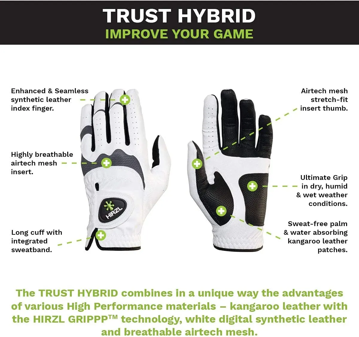 HIRZL Trust Hybrid Ladies Golf Gloves - All Weather Womens Golf Glove, White/Black, Nylon, Kangaroo Leather, Polyester, Ultimate Grip (Wet/Dry), Ergonomic Fit, Breathable