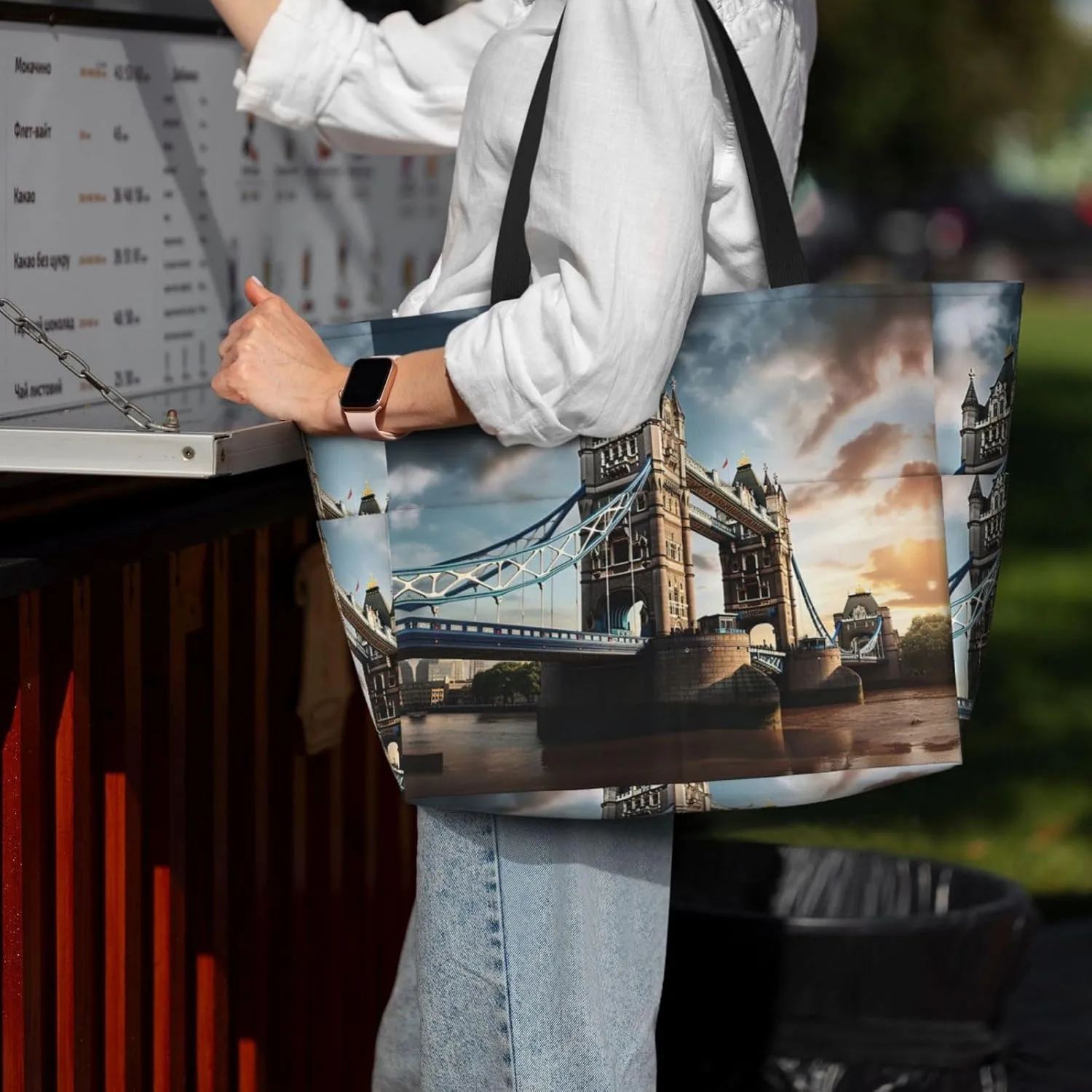 Historic Old Tower Bridge London Large Capacity Tote Bag With Zipper Sandproof Women Beach Bag Handbag Gym Bag Travel