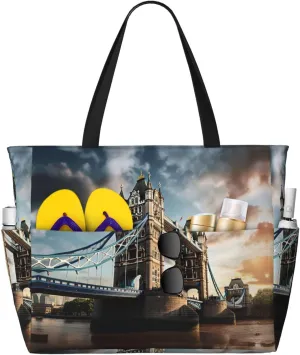 Historic Old Tower Bridge London Large Capacity Tote Bag With Zipper Sandproof Women Beach Bag Handbag Gym Bag Travel