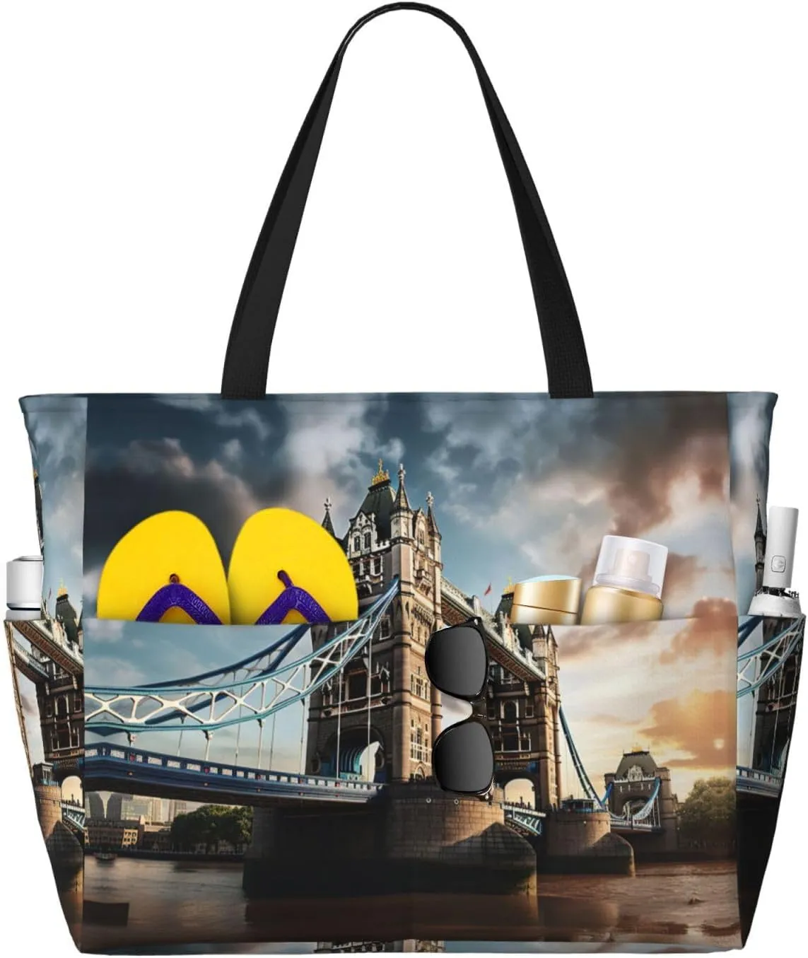 Historic Old Tower Bridge London Large Capacity Tote Bag With Zipper Sandproof Women Beach Bag Handbag Gym Bag Travel