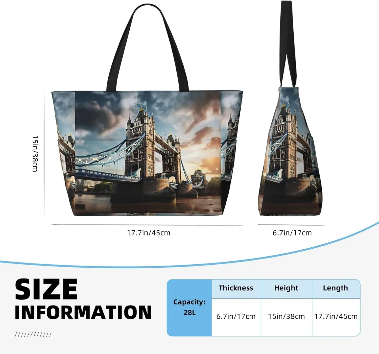 Historic Old Tower Bridge London Large Capacity Tote Bag With Zipper Sandproof Women Beach Bag Handbag Gym Bag Travel