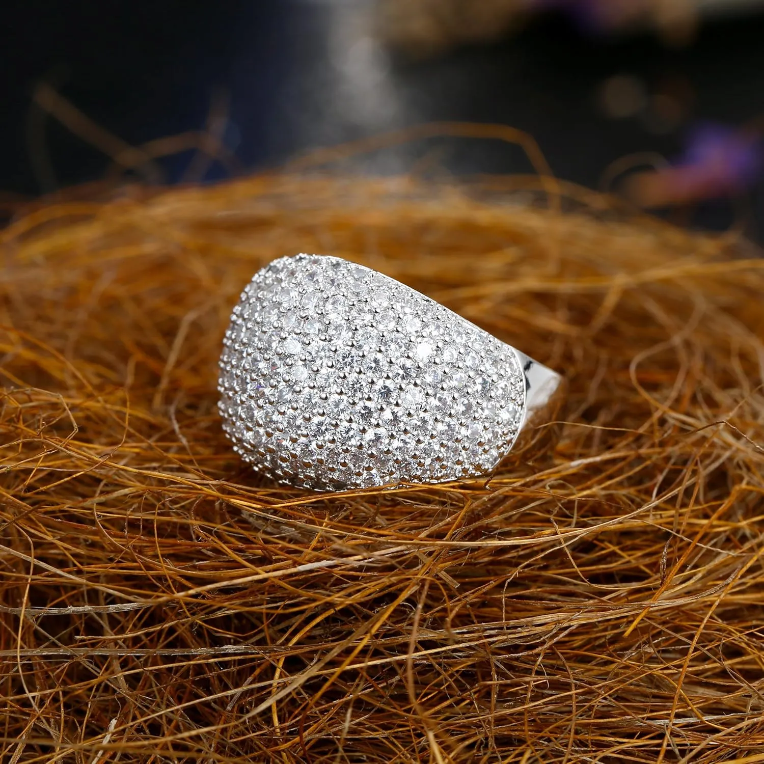 Hiyong Diamond Accent Dome Ring - Sliver Fashion Rings for women Big Hollow Women Wedding Band Cubic Zirconia Statement Rings for women 5-11
