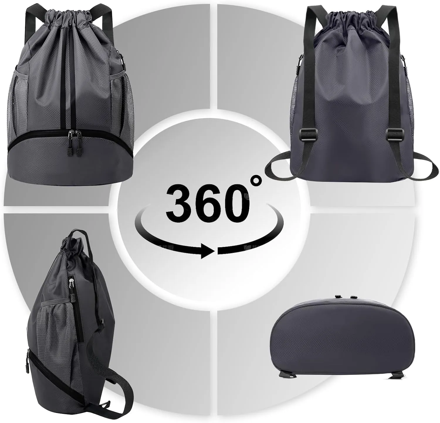 Hoedia Sports Drawstring Backpack - String Swim Gym Bag with Shoes Compartment and Wet Proof Pocket for Women and Men, Dark Grey