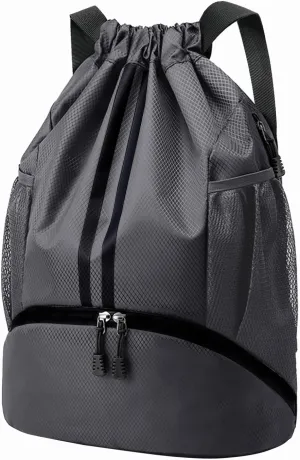 Hoedia Sports Drawstring Backpack - String Swim Gym Bag with Shoes Compartment and Wet Proof Pocket for Women and Men, Dark Grey
