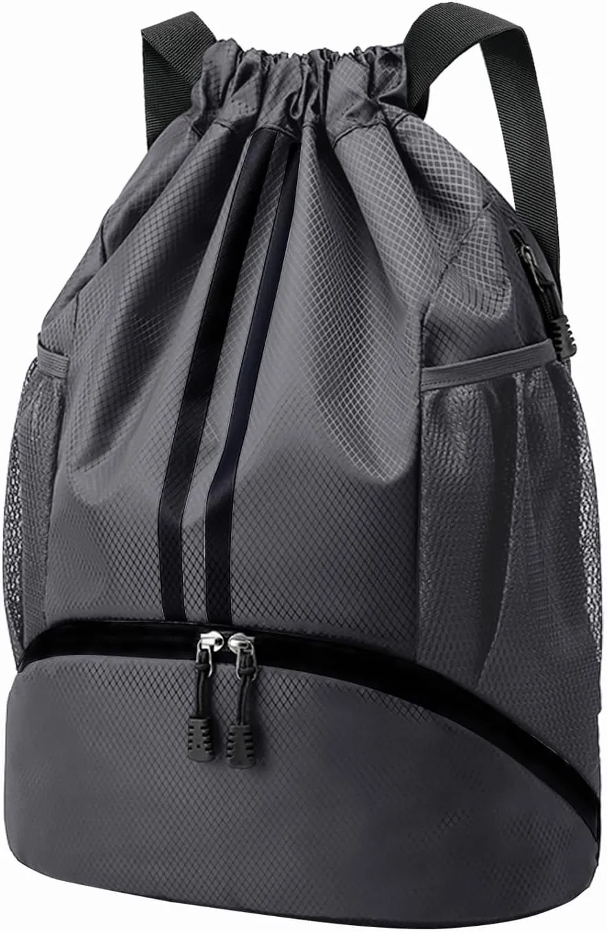 Hoedia Sports Drawstring Backpack - String Swim Gym Bag with Shoes Compartment and Wet Proof Pocket for Women and Men, Dark Grey