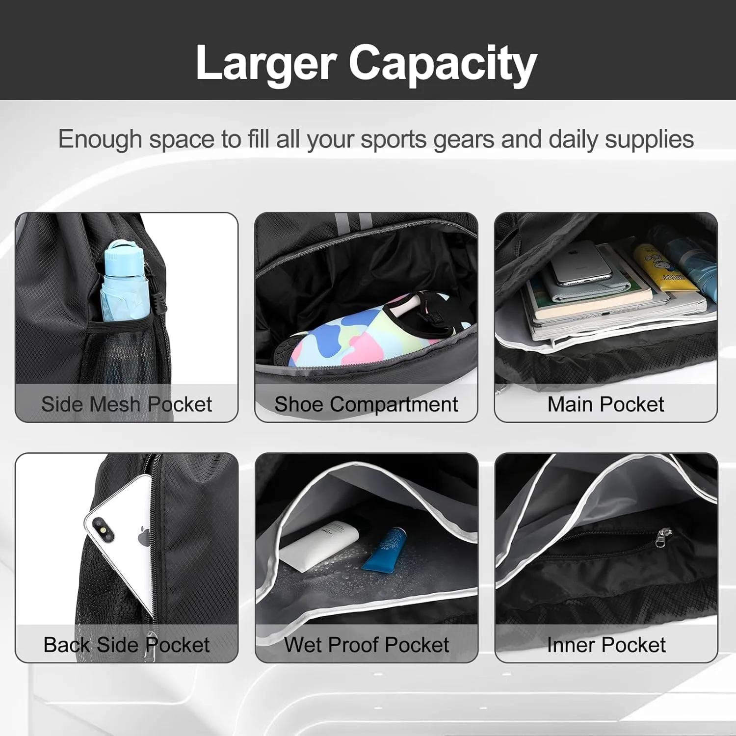 Hoedia Sports Drawstring Backpack - String Swim Gym Bag with Shoes Compartment and Wet Proof Pocket for Women and Men