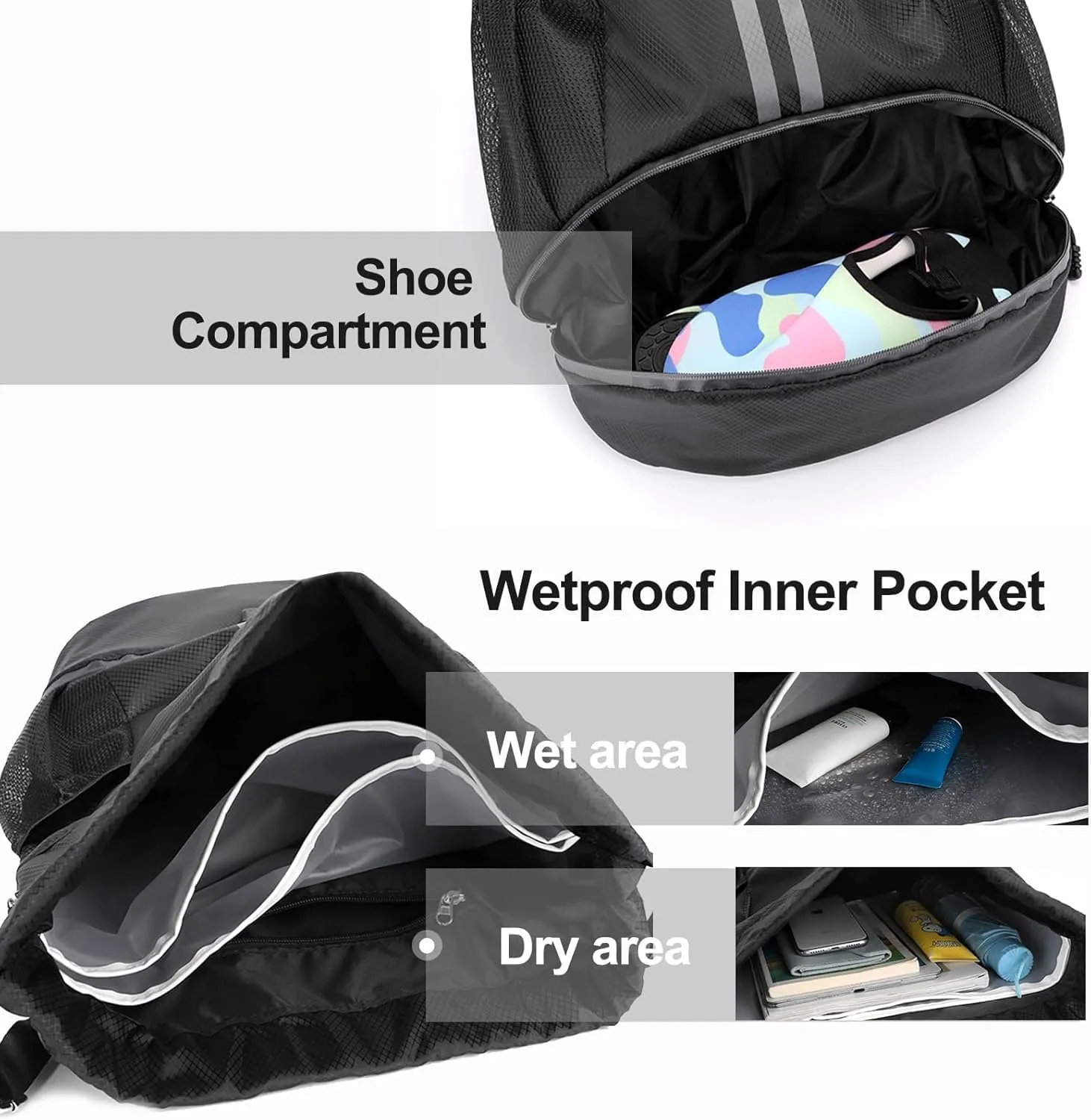 Hoedia Sports Drawstring Backpack - String Swim Gym Bag with Shoes Compartment and Wet Proof Pocket for Women and Men