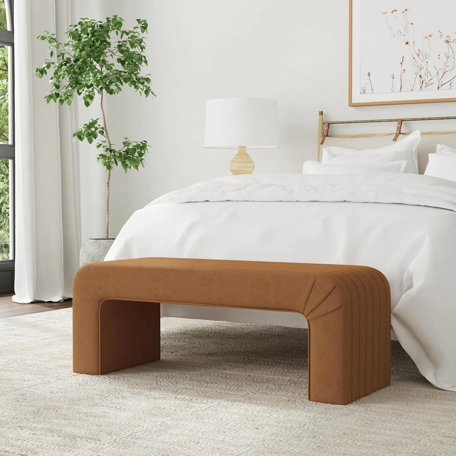 HomePop Arch Channel Bench|Bench for Living Room & Bedroom | Decorative Home Furniture - Rust Orange Velvet