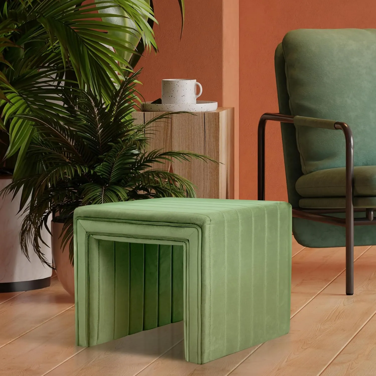 HomePop Modern Channel Tufted Velvet Ottoman Home Décor|Ottoman for Living Room & Bedroom - Green
