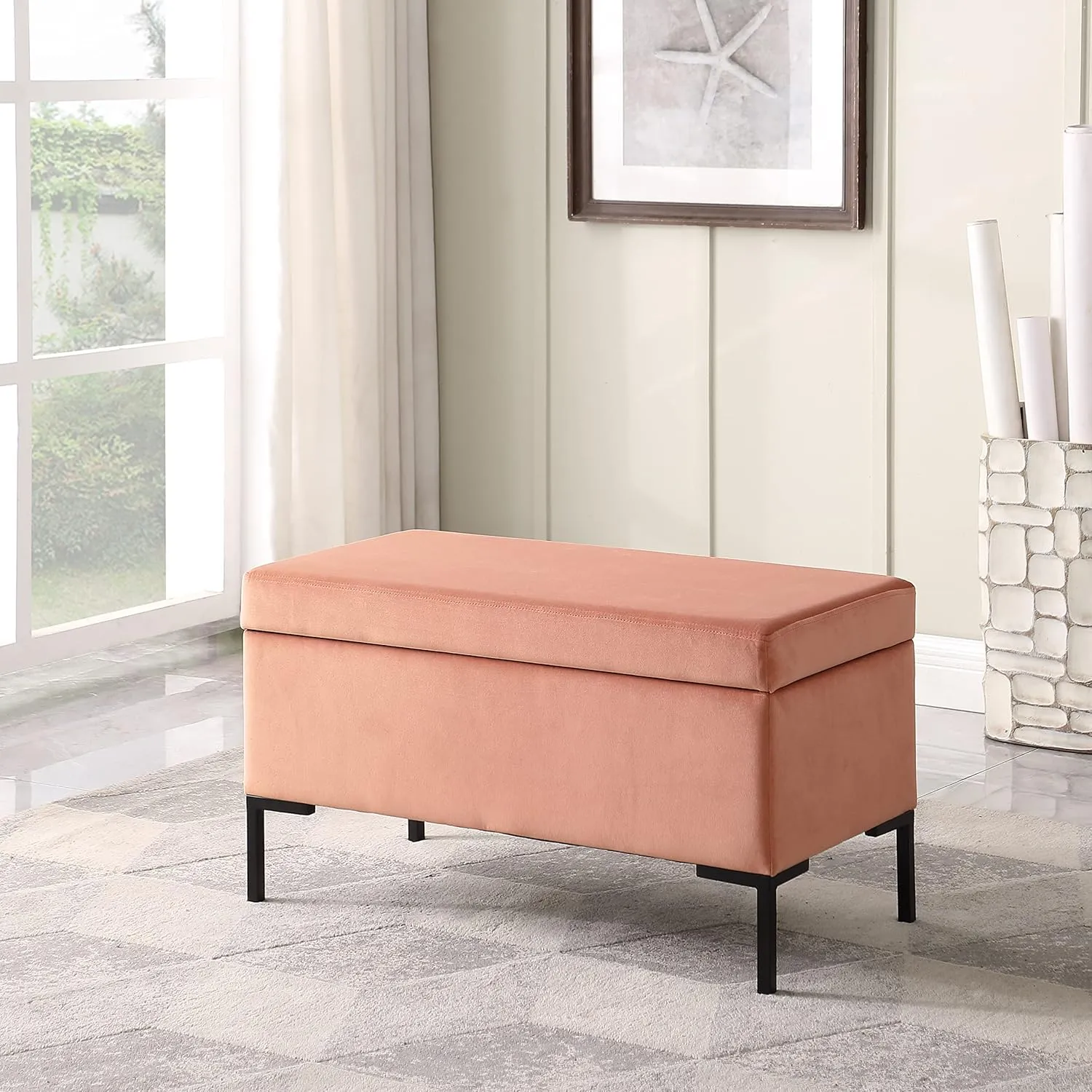HomePop Upholstered Storage Bench with Metal Leg Home Décor|Bench with Storage for Living Room & Entryway - Blush,Pink Velvet
