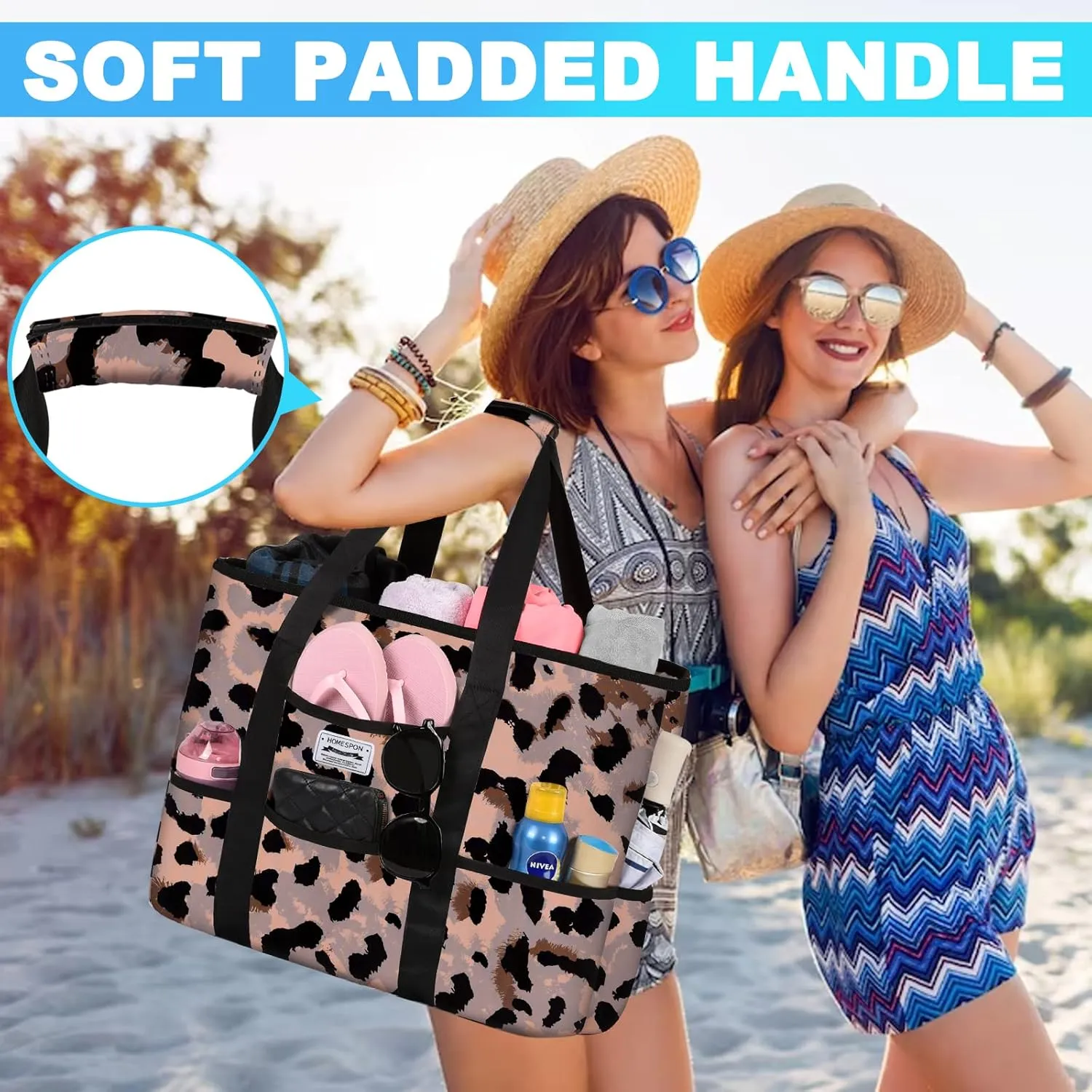 HOMESPON Large Waterproof Beach Bag for Women Sandproof Tote Bag Pool Bag with Zipper and Pockets for Travel Vacation Gym