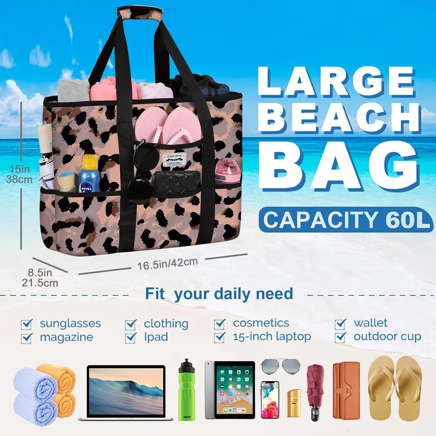 HOMESPON Large Waterproof Beach Bag for Women Sandproof Tote Bag Pool Bag with Zipper and Pockets for Travel Vacation Gym