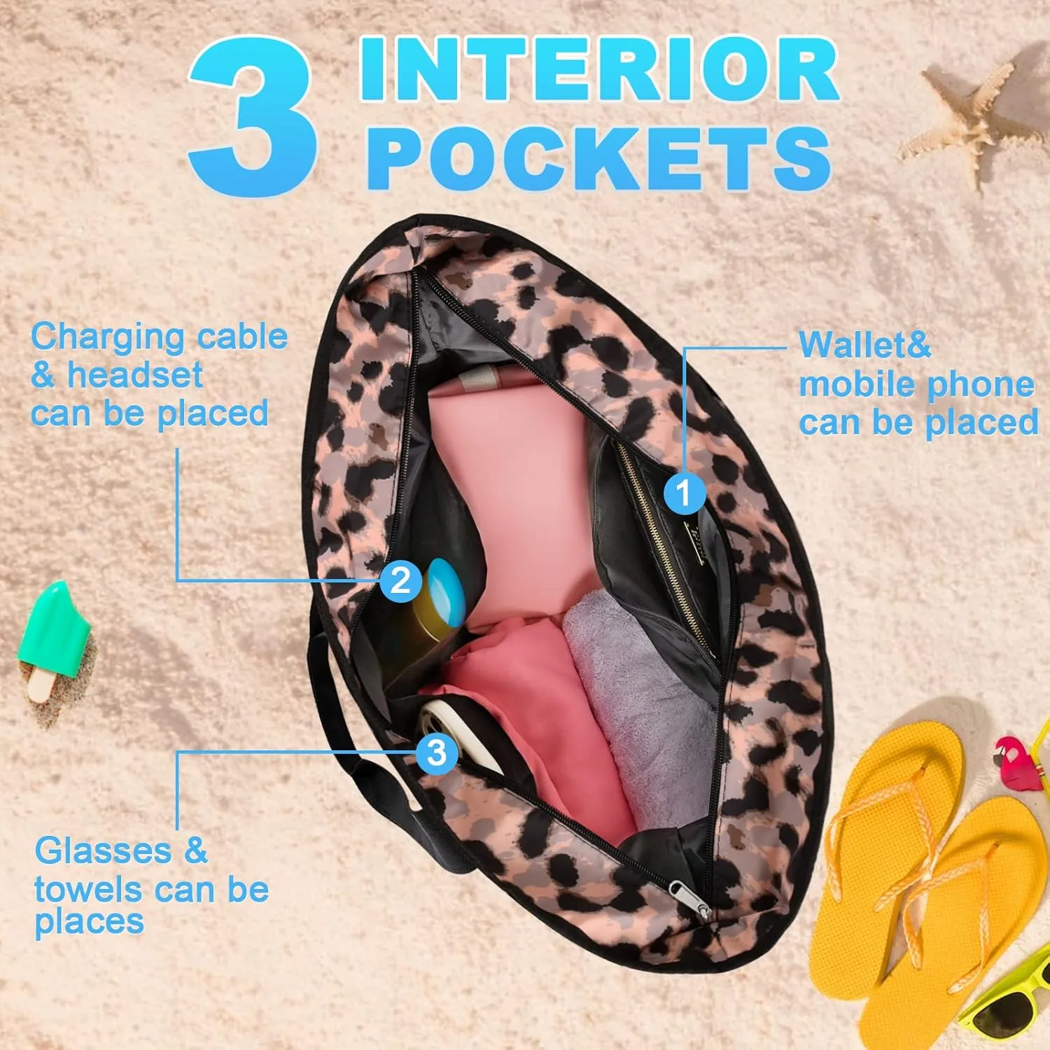 HOMESPON Large Waterproof Beach Bag for Women Sandproof Tote Bag Pool Bag with Zipper and Pockets for Travel Vacation Gym