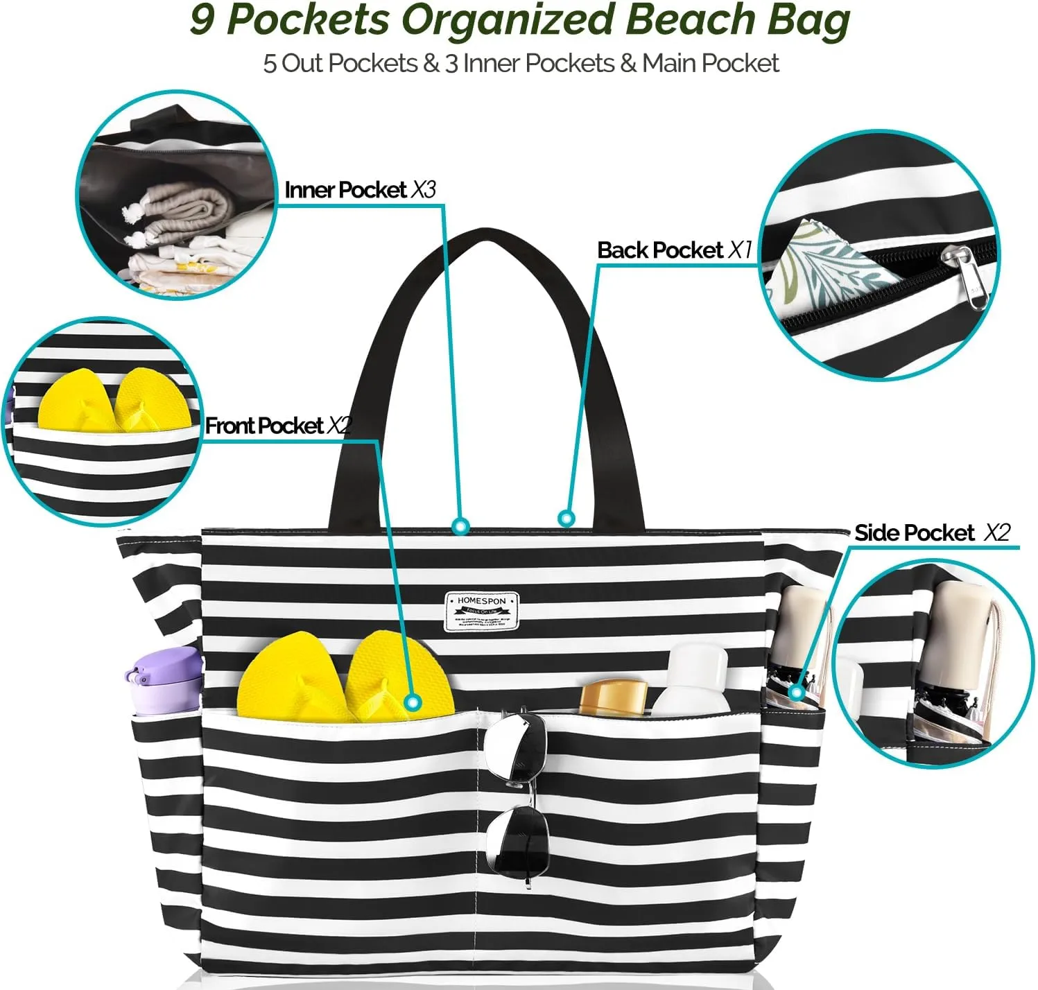 HOMESPON Large Waterproof Beach Bag for Women Sandproof Tote Bag Pool Bag with Zipper and Pockets for Travel Vacation Gym