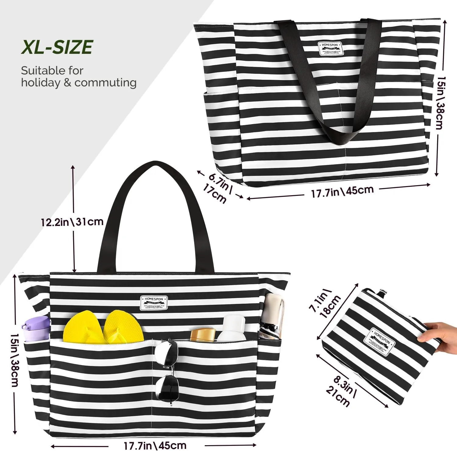 HOMESPON Large Waterproof Beach Bag for Women Sandproof Tote Bag Pool Bag with Zipper and Pockets for Travel Vacation Gym