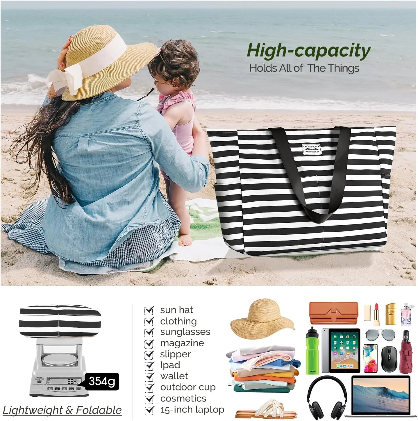 HOMESPON Large Waterproof Beach Bag for Women Sandproof Tote Bag Pool Bag with Zipper and Pockets for Travel Vacation Gym