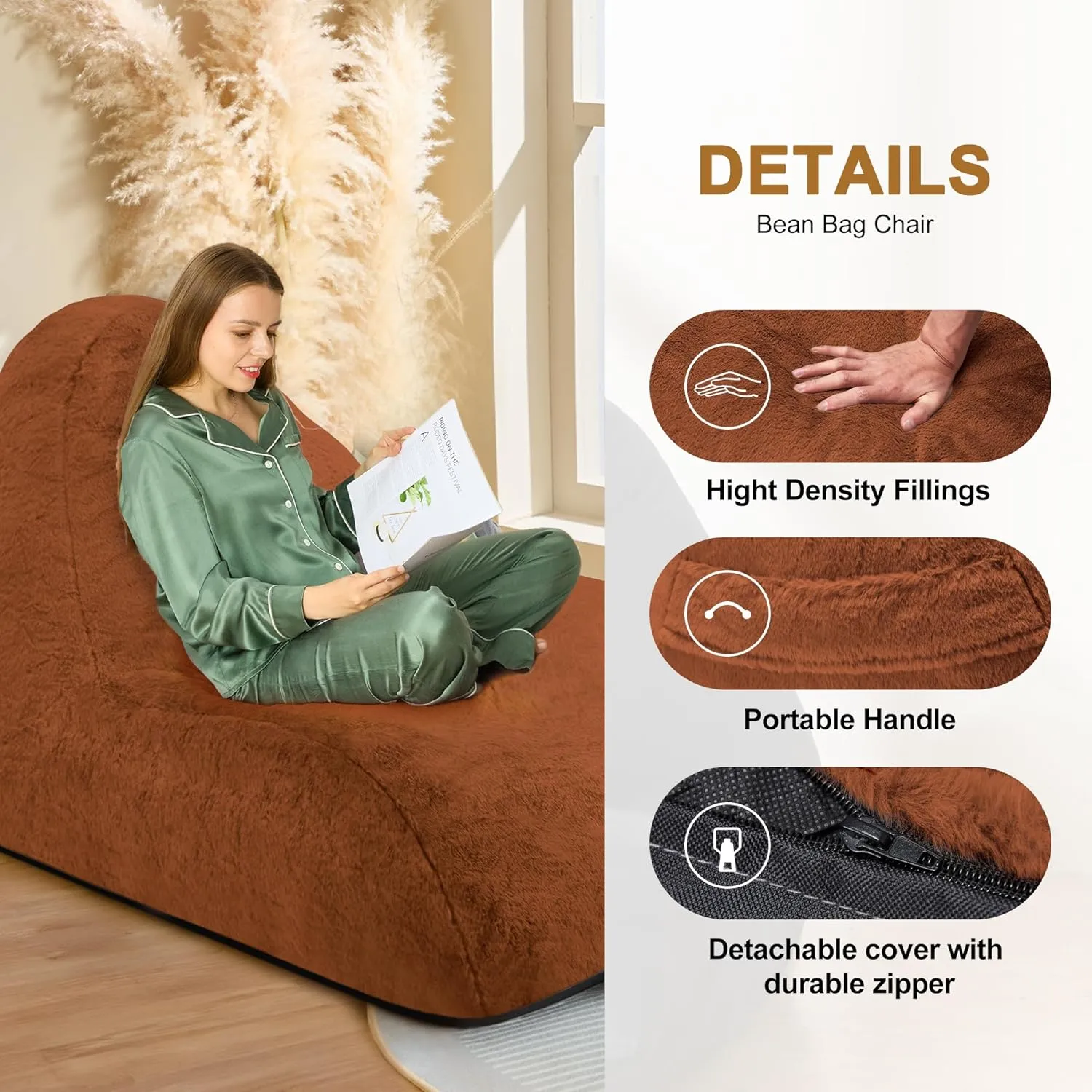 Homguava Bean Bag Chair Memory Foam Pre-Filled Bean Bag Sofa Stuffed Bean Bag Couch BeanBag Lazy Sofa Chair for Adults for Gaming, Reading & Relaxing (Faux Fur, Brown)