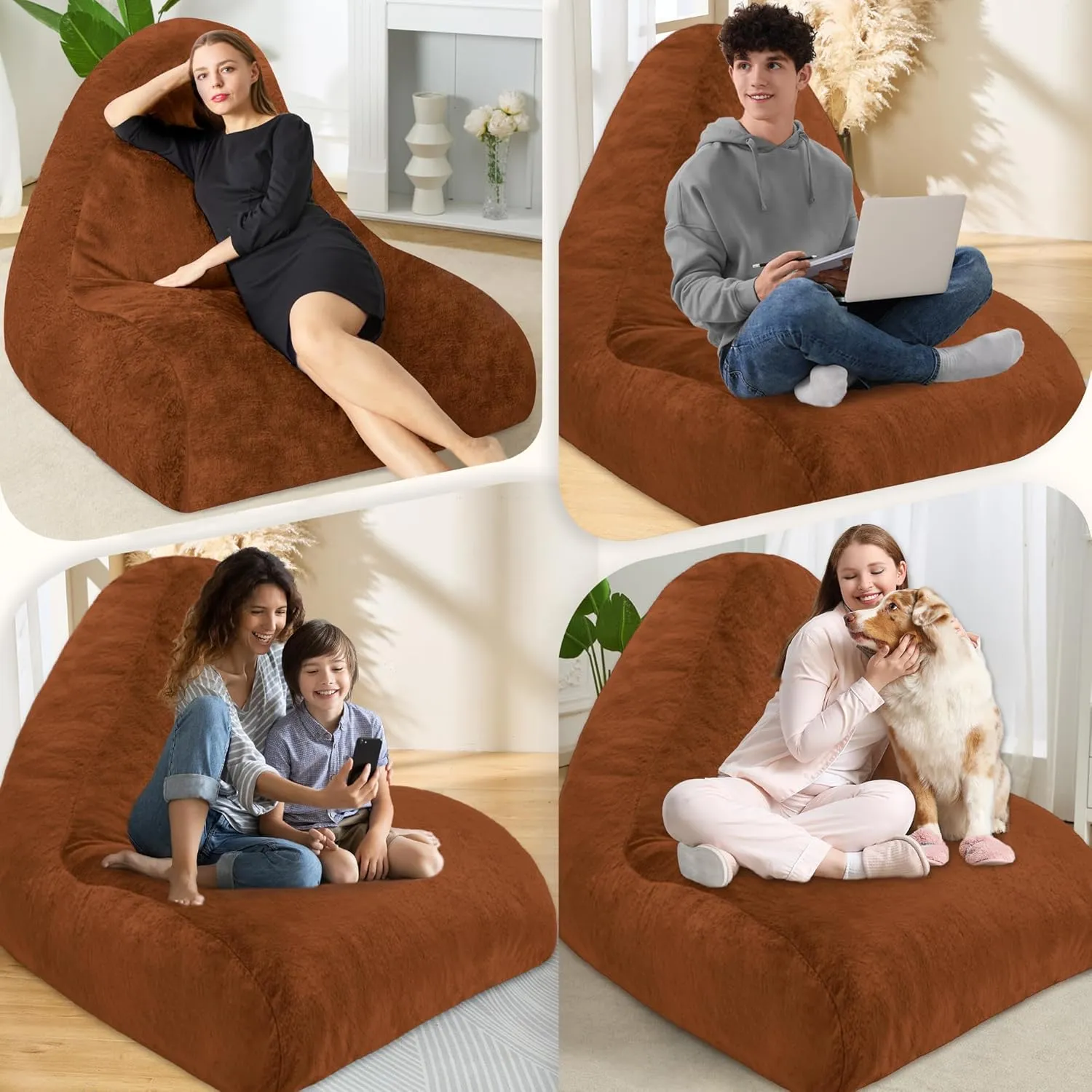 Homguava Bean Bag Chair Memory Foam Pre-Filled Bean Bag Sofa Stuffed Bean Bag Couch BeanBag Lazy Sofa Chair for Adults for Gaming, Reading & Relaxing (Faux Fur, Brown)