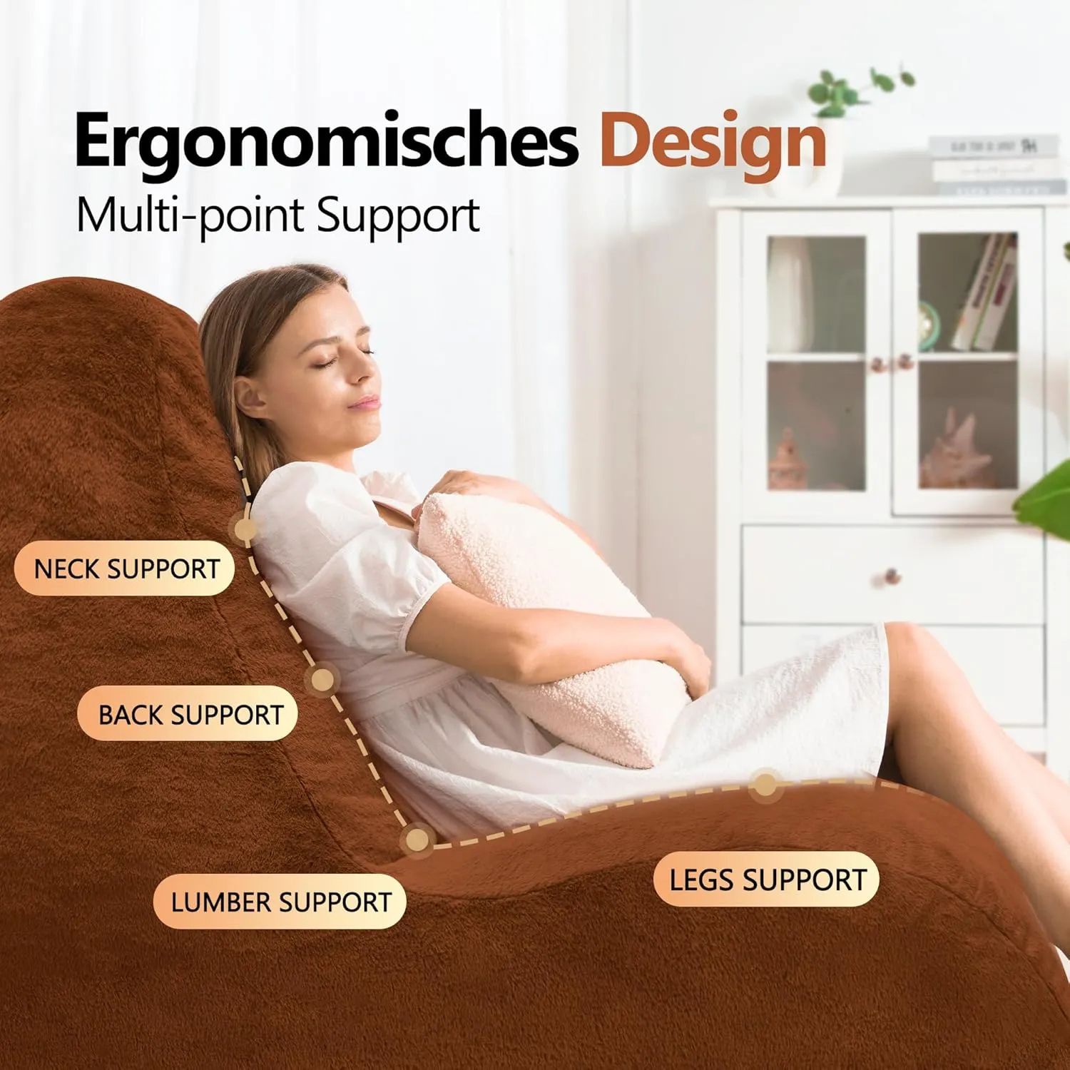 Homguava Bean Bag Chair Memory Foam Pre-Filled Bean Bag Sofa Stuffed Bean Bag Couch BeanBag Lazy Sofa Chair for Adults for Gaming, Reading & Relaxing (Faux Fur, Brown)