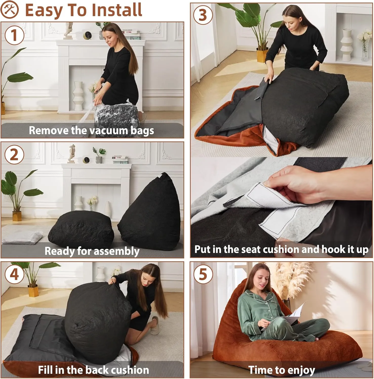 Homguava Bean Bag Chair Memory Foam Pre-Filled Bean Bag Sofa Stuffed Bean Bag Couch BeanBag Lazy Sofa Chair for Adults for Gaming, Reading & Relaxing (Faux Fur, Brown)